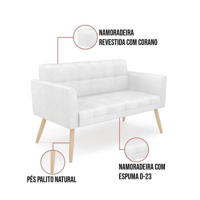 Kit 1 Sofá Namoradeira E 2 Poltronas Elisa Corano Branco Pés Palito Natural - D'rossi