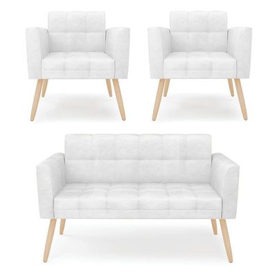 Kit 1 Sofá Namoradeira E 2 Poltronas Elisa Corano Branco Pés Palito Natural - D'rossi