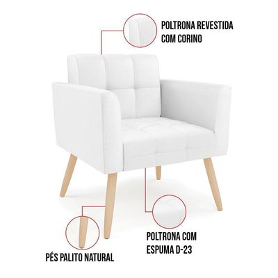 Poltrona Elisa Corino Pés Palito Natural - D'rossi Cor Branco