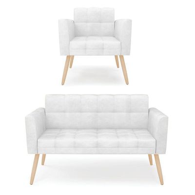Kit 1 Sofá Namoradeira E 1 Poltrona Elisa Corano Pés Palito Natural - D'rossi Cor Branco
