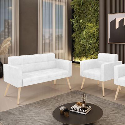 Kit 1 Sofá Namoradeira E 1 Poltrona Elisa Corano Pés Palito Natural - D'rossi Cor Branco