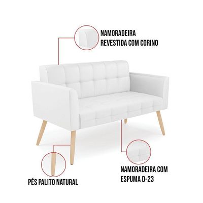 Sofá Namoradeira Elisa Corino Branco Pés Palito Natural - D'rossi