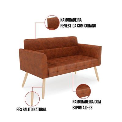 Kit 1 Sofá Namoradeira E 2 Poltronas Elisa Corano Nozes Pés Palito Natural - D'rossi