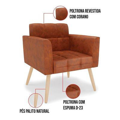 Kit 1 Sofá Namoradeira E 1 Poltrona Elisa Corano Pés Palito Natural - D'rossi Cor Nozes