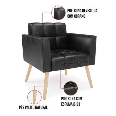 Kit 1 Sofá Namoradeira E 2 Poltronas Elisa Corano Pés Palito Natural - D'rossi Cor Preto