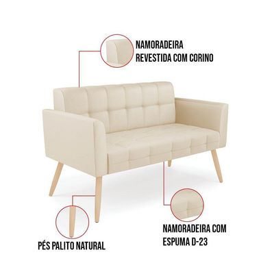 Kit 1 Sofá Namoradeira E 1 Poltrona Elisa Corino Bege Pés Palito Natural - D'rossi