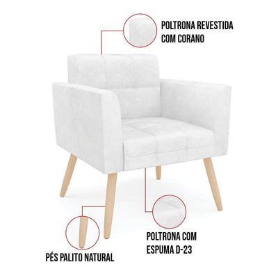 Poltrona Elisa Corano Branco Pés Palito Natural - D'rossi