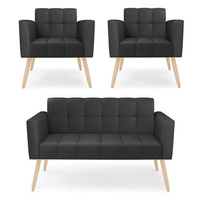 Kit 1 Sofá Namoradeira E 2 Poltronas Elisa Corino Preto Pés Palito Natural - D'rossi