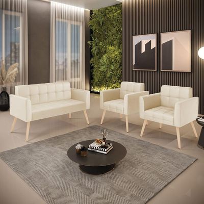 Kit 1 Sofá Namoradeira E 2 Poltronas Elisa Corino Bege Pés Palito Natural - D'rossi