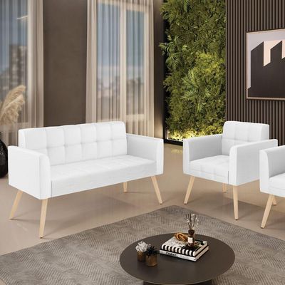 Kit 1 Sofá Namoradeira E 1 Poltrona Elisa Corino Branco Pés Palito Natural - D'rossi