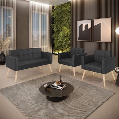 Kit 1 Sofá Namoradeira E 2 Poltronas Elisa Corino Preto Pés Palito Natural - D'rossi
