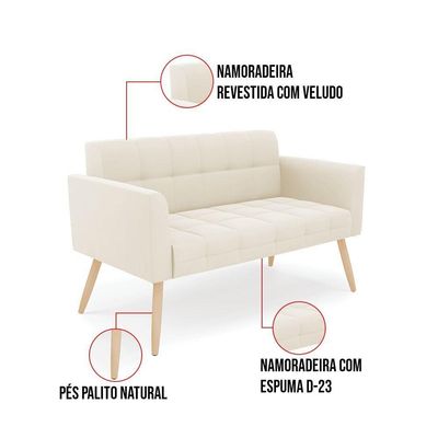 Sofá Namoradeira Elisa Veludo Bege Pés Palito Natural - D'rossi