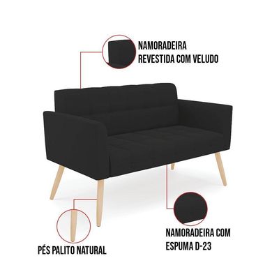 Kit 1 Sofá Namoradeira E 1 Poltrona Elisa Veludo Preto Pés Palito Natural - D'rossi