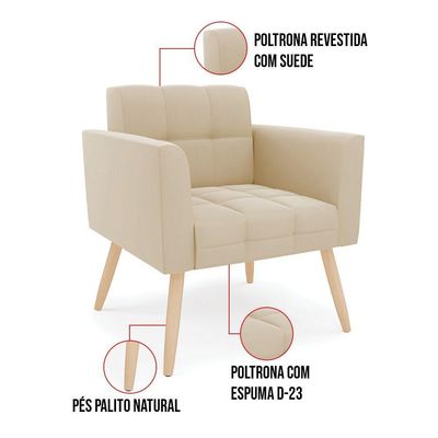 Poltrona Elisa Suede Pés Palito Natural - D'rossi Cor Bege