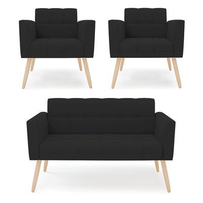 Kit 1 Sofá Namoradeira E 2 Poltronas Elisa Veludo Preto Pés Palito Natural - D'rossi