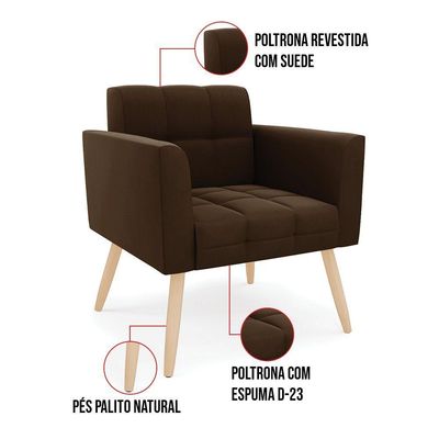 Poltrona Elisa Suede Marrom Pés Palito Natural - D'rossi