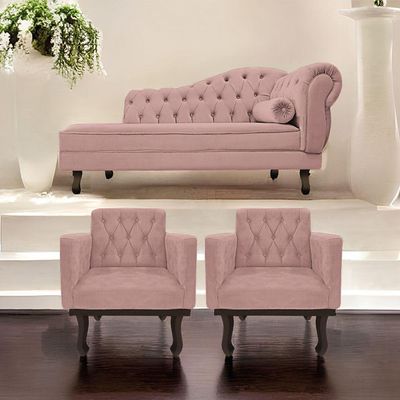 Kit Diva Recamier Diana 130Cm Lado Esquerdo E 02 Poltronas Classic Linho Rosê