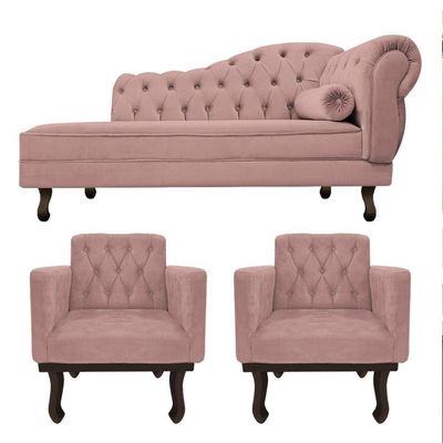Kit Diva Recamier Diana 130Cm Lado Esquerdo E 02 Poltronas Classic Linho Rosê