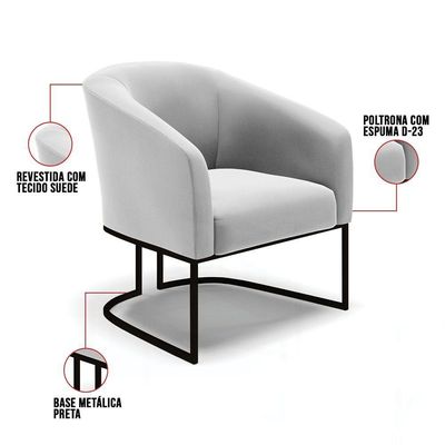Kit 2 Poltronas Stella Suede Base Industrial Preto - D'Rossi Cor Cinza