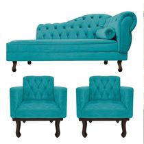 Kit Diva Recamier Diana 140Cm Lado Esquerdo E 02 Poltronas Classic Suede Azul Turquesa
