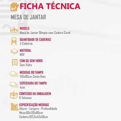 Mesa Olímpia 120cm Mdf Canto Reto Com 4 Cadeiras Carol
