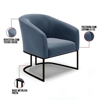 Kit 2 Poltronas Stella Suede Azul Marinho Base Industrial Preto - D'Rossi