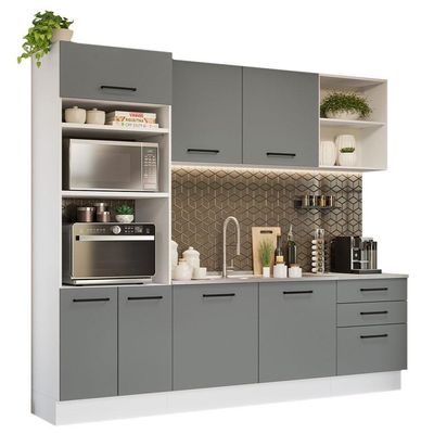 Armário De Cozinha Completa 250cm Branco/cinza Agata Madesa 01 Branco/cinza