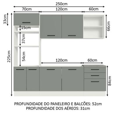 Armário De Cozinha Completa 250cm Branco/cinza Agata Madesa 01 Branco/cinza