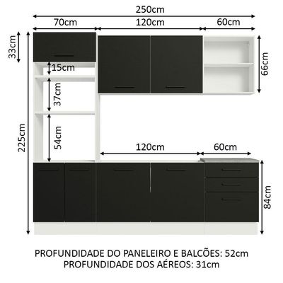 Armário De Cozinha Completa 250cm Branco/preto Agata Madesa 01 Branco/preto