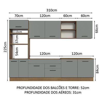 Armário De Cozinha Completa 310cm Rustic/cinza Agata Madesa 02 Rustic/cinza