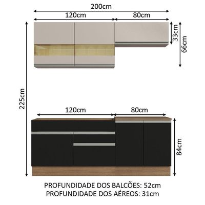 Armário De Cozinha Completa 200cm Rustic/preto/crema Glamy Madesa 07 Rustic/preto/crema