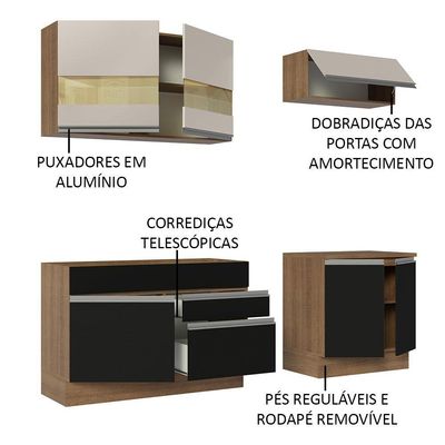 Armário De Cozinha Completa 200cm Rustic/preto/crema Glamy Madesa 07 Rustic/preto/crema