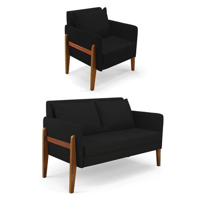 Kit 1 Sofá Namoradeira E 1 Poltrona Lana Linho Base De Madeira - D'rossi Cor A79 Preto