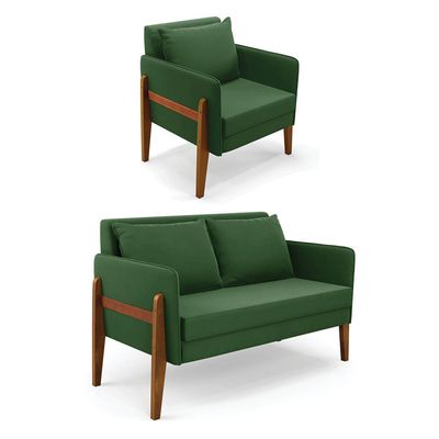 Kit 1 Sofá Namoradeira E 1 Poltrona Lana Suede Base De Madeira - D'rossi Cor Verde