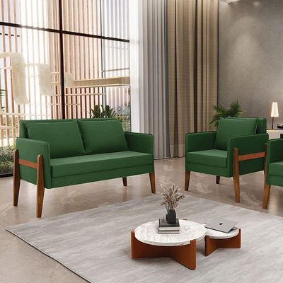 Kit 1 Sofá Namoradeira E 1 Poltrona Lana Suede Base De Madeira - D'rossi Cor Verde