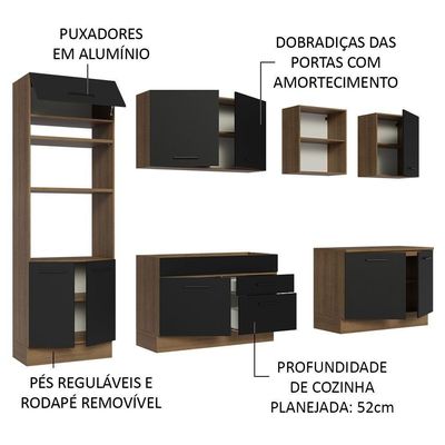 Armário De Cozinha Completa 310cm Rustic/preto Agata Madesa 02 Rustic/preto