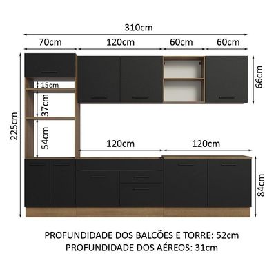 Armário De Cozinha Completa 310cm Rustic/preto Agata Madesa 02 Rustic/preto