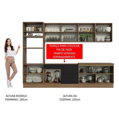 Armário De Cozinha Completa 310cm Rustic/preto Agata Madesa 02 Rustic/preto