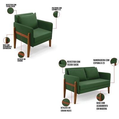 Kit 1 Sofá Namoradeira E 1 Poltrona Lana Suede Verde Base De Madeira - D'rossi