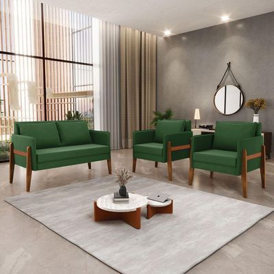 Kit 1 Sofá Namoradeira E 2 Poltronas Lana Suede Base De Madeira - D'rossi Cor Verde