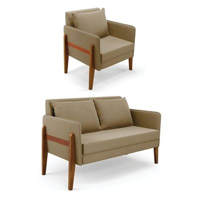 Kit 1 Sofá Namoradeira E 1 Poltrona Lana Suede Marrom Rato Base De Madeira - D'rossi