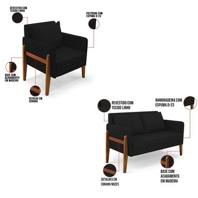 Kit 1 Sofá Namoradeira E 2 Poltronas Lana Linho Base De Madeira - D'rossi Cor A79 Preto