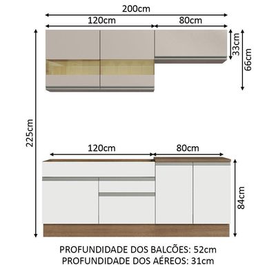 Armário De Cozinha Completa 200cm Rustic/branco/crema Glamy Madesa 07 Rustic/branco/crema