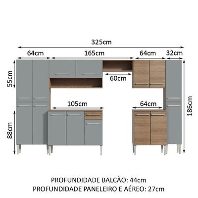 Armário De Cozinha Completa 325cm Rustic/cinza Emilly Joy Madesa Rustic/cinza