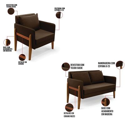 Kit 1 Sofá Namoradeira E 2 Poltronas Lana Suede Base De Madeira - D'rossi Cor Marrom