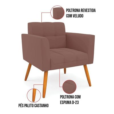 Kit 1 Sofá Namoradeira E 1 Poltrona Elisa Veludo Rosê Pés Palito Castanho - D'rossi