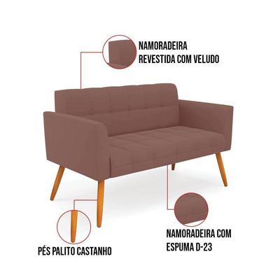 Kit 1 Sofá Namoradeira E 1 Poltrona Elisa Veludo Rosê Pés Palito Castanho - D'rossi