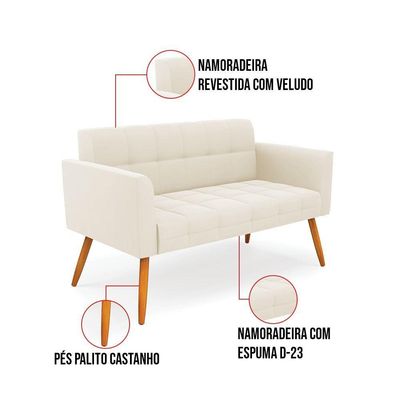Kit 1 Sofá Namoradeira E 2 Poltronas Elisa Veludo Pés Palito Castanho - D'rossi Cor Bege