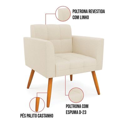 Kit 1 Sofá Namoradeira E 2 Poltronas Elisa Linho Pés Palito Castanho - D'rossi Cor A19 Bege