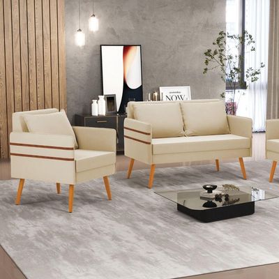 Kit 01 Namoradeira 02 Lugares E 01 Poltrona Mari Suede Bege Pés Palito Castanho - D'rossi